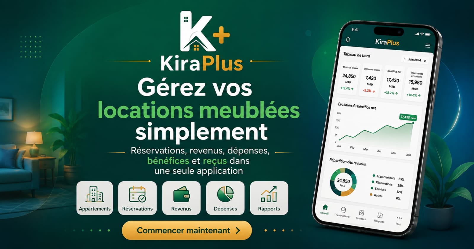 Gestion de location d'appartements meublés : revenus, dépenses et bénéfices.